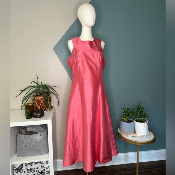 Elda De La Rosa Haute Couture Pink Shantung Silk Sleeveless A-Line Midi Dress L - Picture 2 of 11